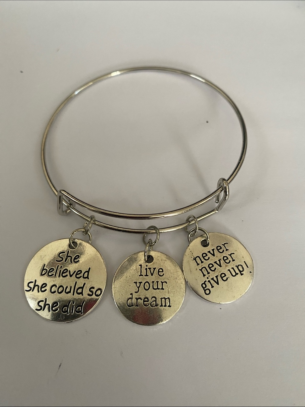 Hand Crafted Silver Inspirational Charm Bangle Bracelet